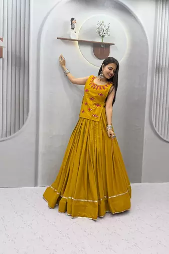Mustard Lace Navratri Cotton Lahenga Choli Jacket