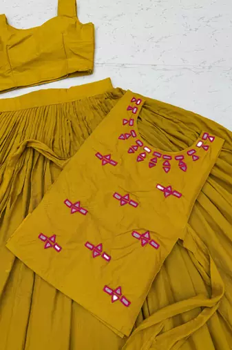 Mustard Lace Navratri Cotton Lahenga Choli Jacket