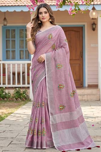 Lavender linen saree with blouse