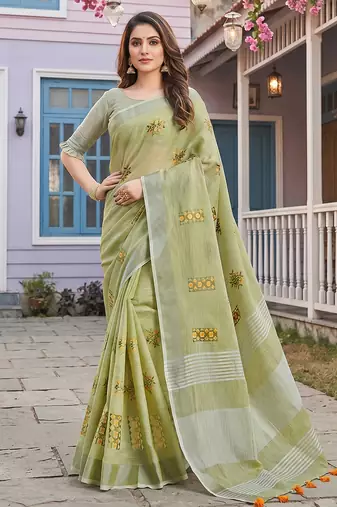 Pista linen saree with blouse