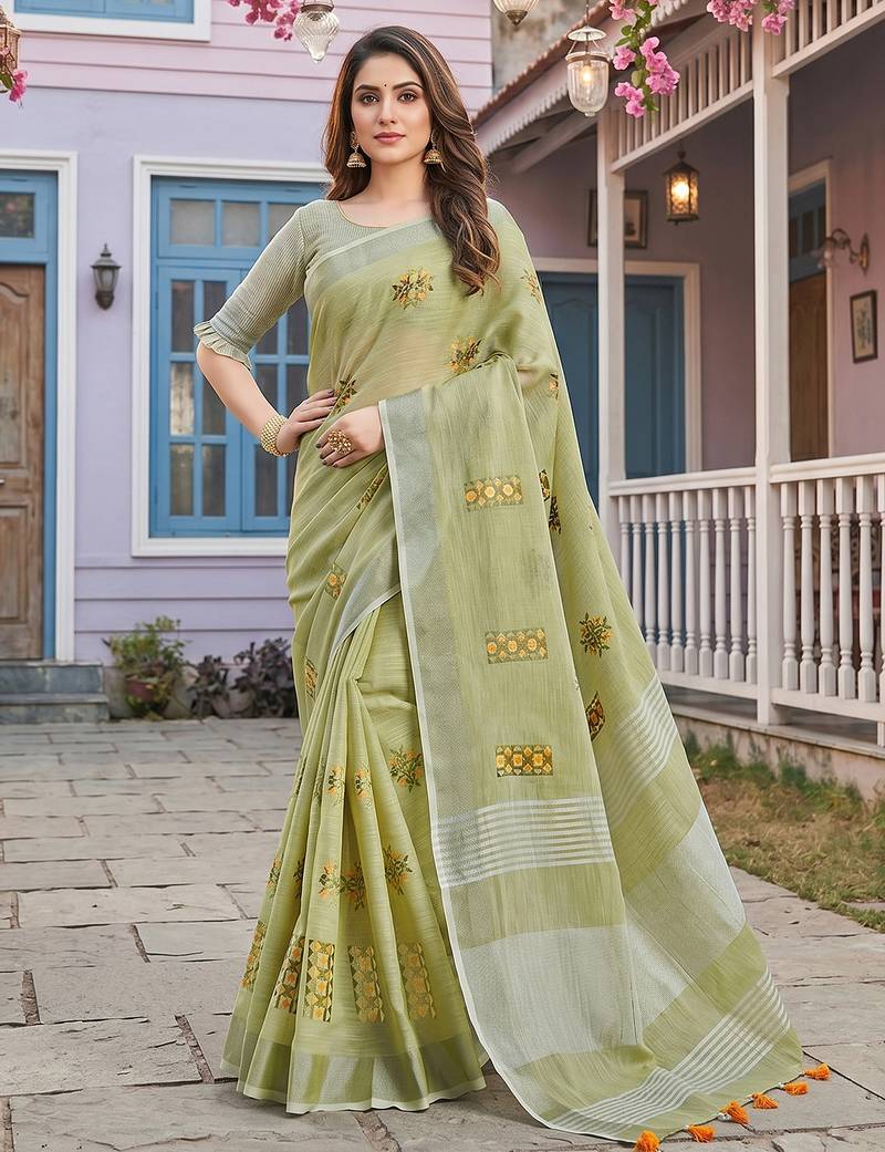 Pista linen saree with blouse