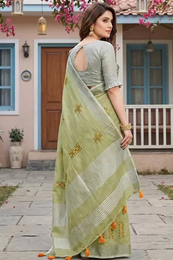 Pista linen saree with blouse