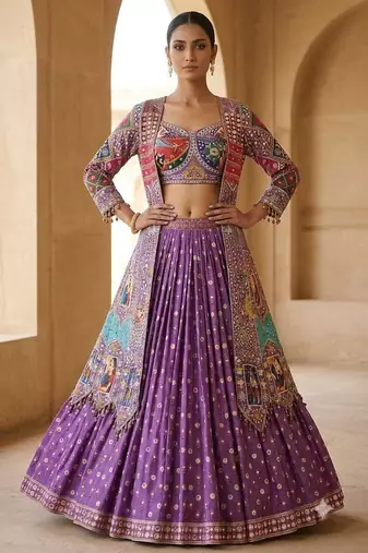 Purple Silk Navratri Lehnega Choli With Koti