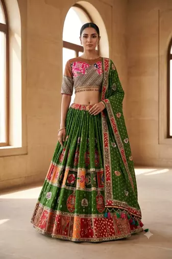 Green Mirror Navratri Lehnega Choli With Dupatta