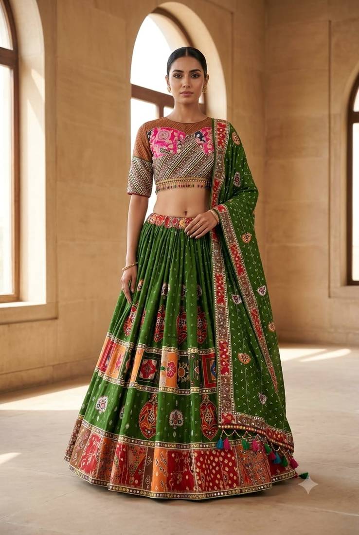 Green Mirror Navratri Lehnega Choli With Dupatta
