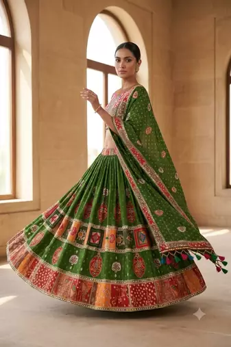 Green Mirror Navratri Lehnega Choli With Dupatta