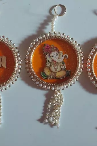 handmade multicolour hanging ganesh ji shubh-labh for toran for home decor (set of 1)