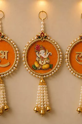  handmade multicolour hanging ganesh ji shubh-labh for toran for home decor (set of 1)