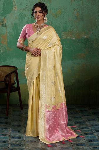 Yellow linen saree with blouse