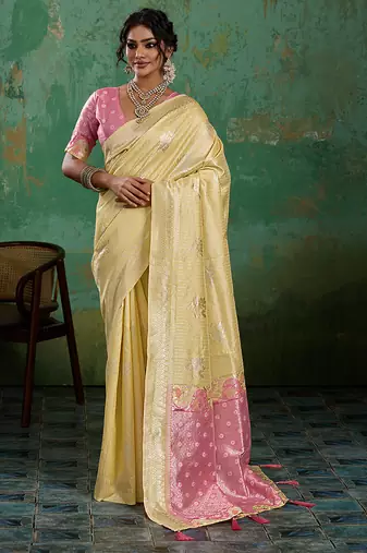 Yellow linen saree with blouse