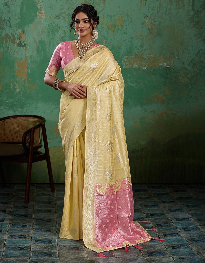 Yellow linen saree with blouse