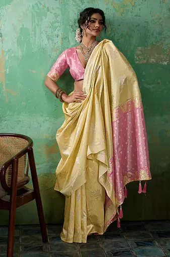 Yellow linen saree with blouse