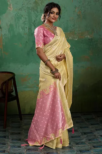 Yellow linen saree with blouse