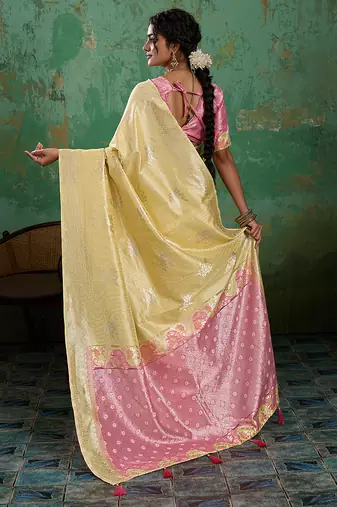 Yellow linen saree with blouse