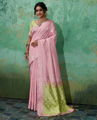 Pink linen saree with blouse 1