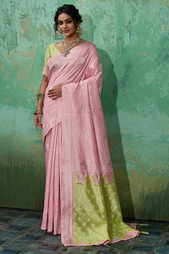 Pink linen saree with blouse