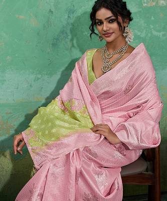 Pink linen saree with blouse 2