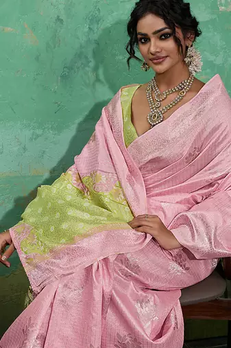Pink linen saree with blouse