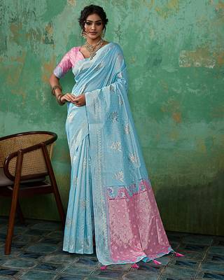 Sky linen saree with blouse 1