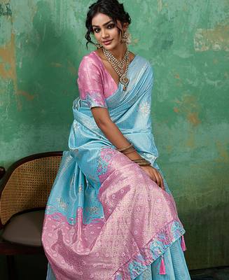 Sky linen saree with blouse 2