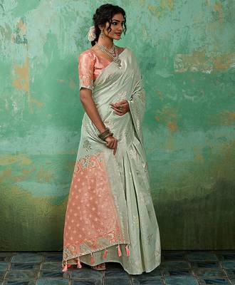 Pista linen saree with blouse 2