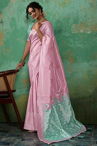 Pink linen saree with blouse