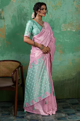 Pink linen saree with blouse