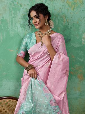 Pink linen saree with blouse 3