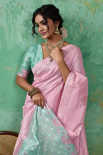 Pink linen saree with blouse