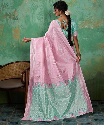 Pink linen saree with blouse 4