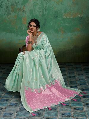 Mint linen saree with blouse 2