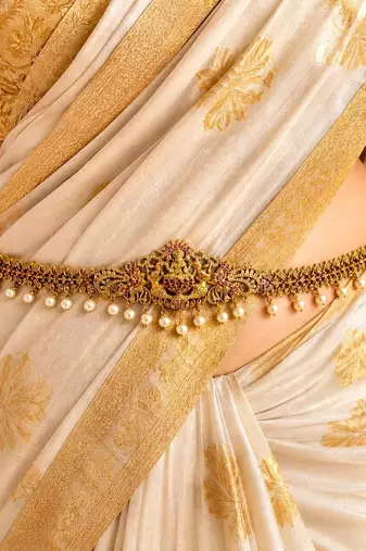 Traditional Lakshmi Kamarbandh, Antique Gold Tone Saree Waist Belt with Pearl Drops