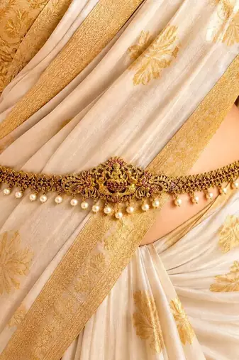 Traditional Lakshmi Kamarbandh, Antique Gold Tone Saree Waist Belt with Pearl Drops