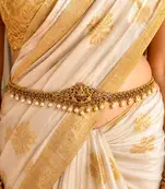Traditional Lakshmi Kamarbandh, Antique Gold Tone Saree Waist Belt with Pearl Drops