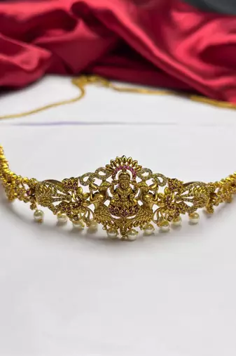 Traditional Lakshmi Kamarbandh, Antique Gold Tone Saree Waist Belt with Pearl Drops