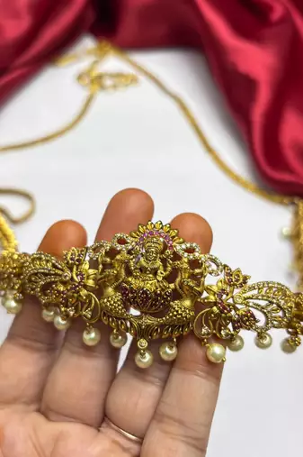 Traditional Lakshmi Kamarbandh, Antique Gold Tone Saree Waist Belt with Pearl Drops
