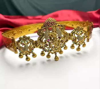 Antique Gold Temple Kamarbandh, South Indian Bridal Waist Belt, Ornate Saree Hip Chain 2