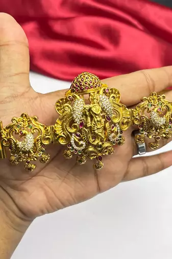 Antique Gold Temple Kamarbandh, South Indian Bridal Waist Belt, Ornate Saree Hip Chain