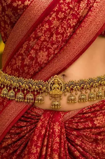 Lakshmi Temple Waist Belt, Gold Tone Kamarband, South Indian Bridal Jewelry