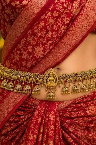 Lakshmi Temple Waist Belt, Gold Tone Kamarband, South Indian Bridal Jewelry
