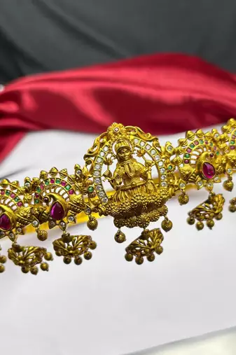 Lakshmi Temple Waist Belt, Gold Tone Kamarband, South Indian Bridal Jewelry