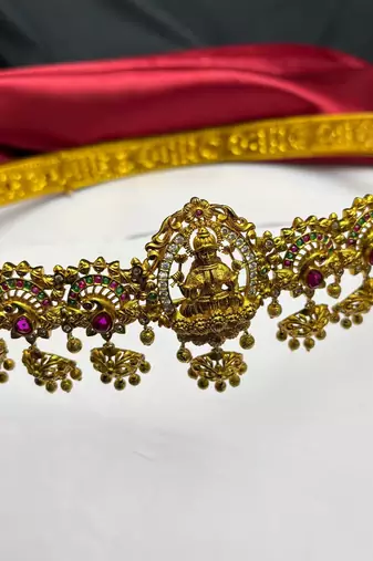 Lakshmi Temple Waist Belt, Gold Tone Kamarband, South Indian Bridal Jewelry
