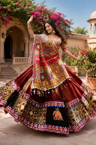 Mutli Color Digital Print And Mirror Work Slik Blend Lehenga Choli