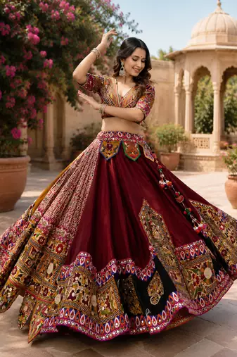 Mutli Color Digital Print And Mirror Work Slik Blend Lehenga Choli