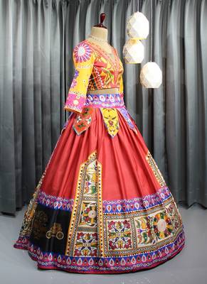 Mutli Color Digital Print And Mirror Work Slik Blend Lehenga Choli 4