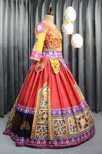 Mutli Color Digital Print And Mirror Work Slik Blend Lehenga Choli
