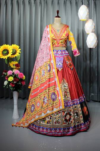 Mutli Color Digital Print And Mirror Work Slik Blend Lehenga Choli