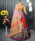 Mutli Color Digital Print And Mirror Work Slik Blend Lehenga Choli
