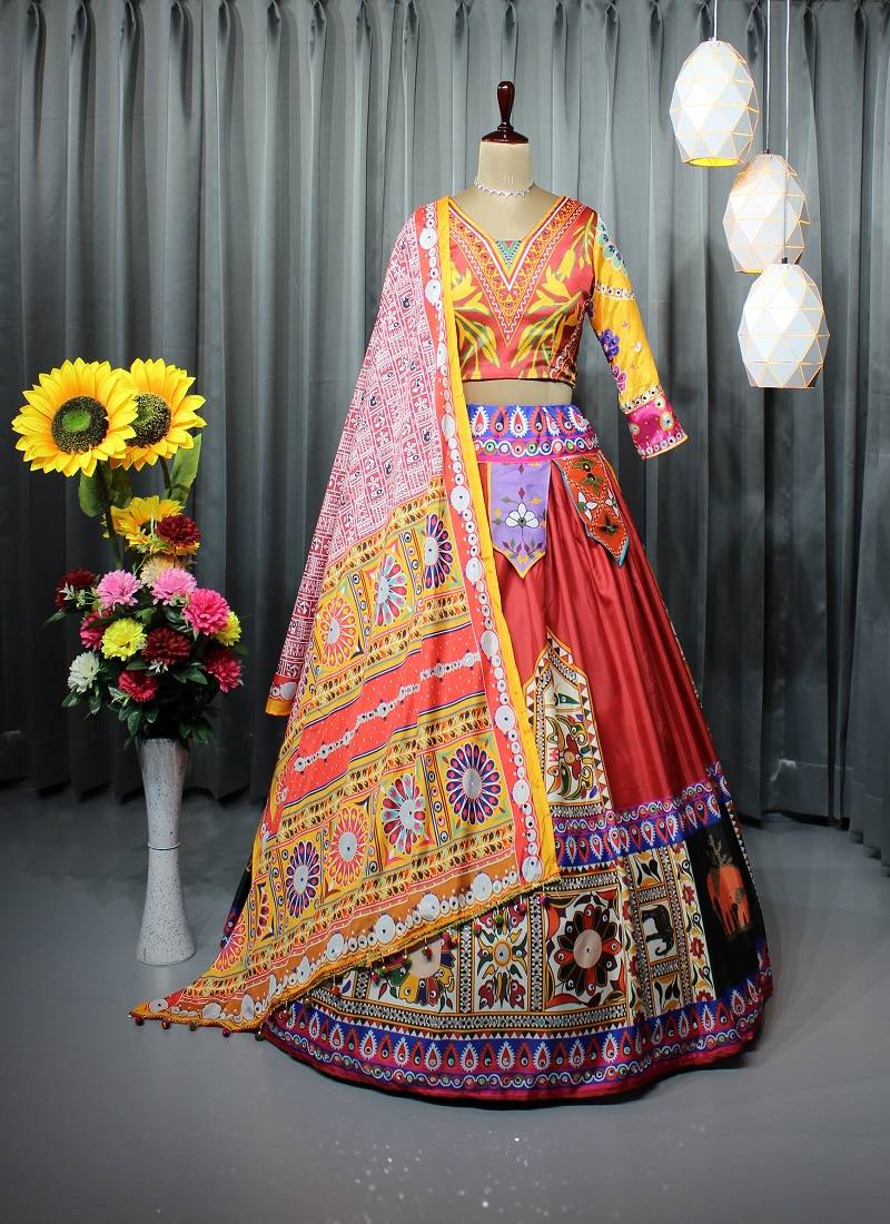 Mutli Color Digital Print And Mirror Work Slik Blend Lehenga Choli