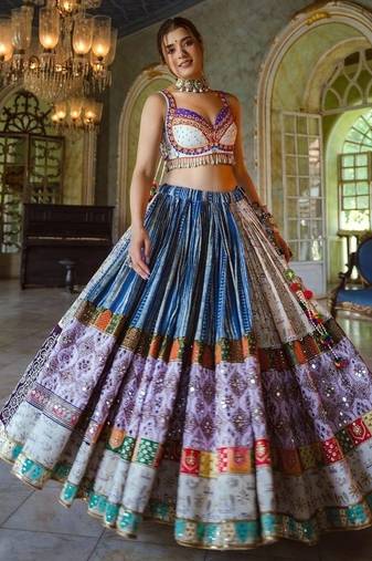Mutli Color Digital Print And Mirror Work Slik Blend Lehenga Choli